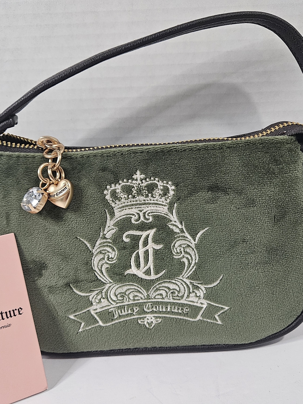 Juicy Couture Olive Green Velvet Wristlet with Gold Heart Charm